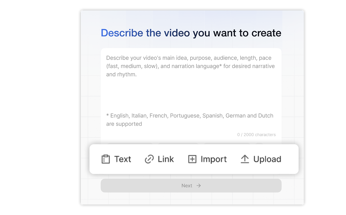 AI Video Editor with Visla lets you describe your project idea and instantly start editing with uploaded or imported content.